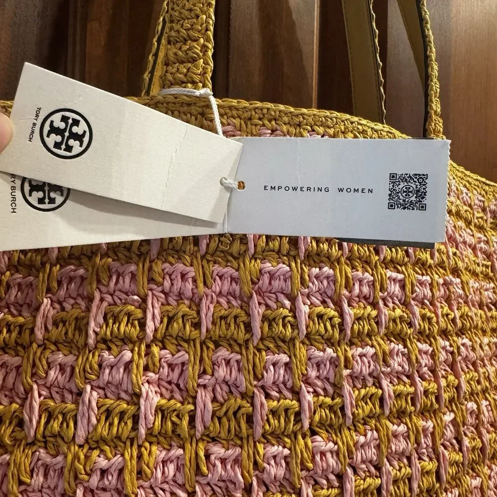 Tory Burch 165844 Straw Tote Pink Carnation Turmeric Raffia Bag NWT